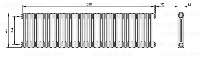 Схема (чертеж) Радиатор Zehnder Charleston 2045/30 №1270 Белый глянцевый RAL 9016